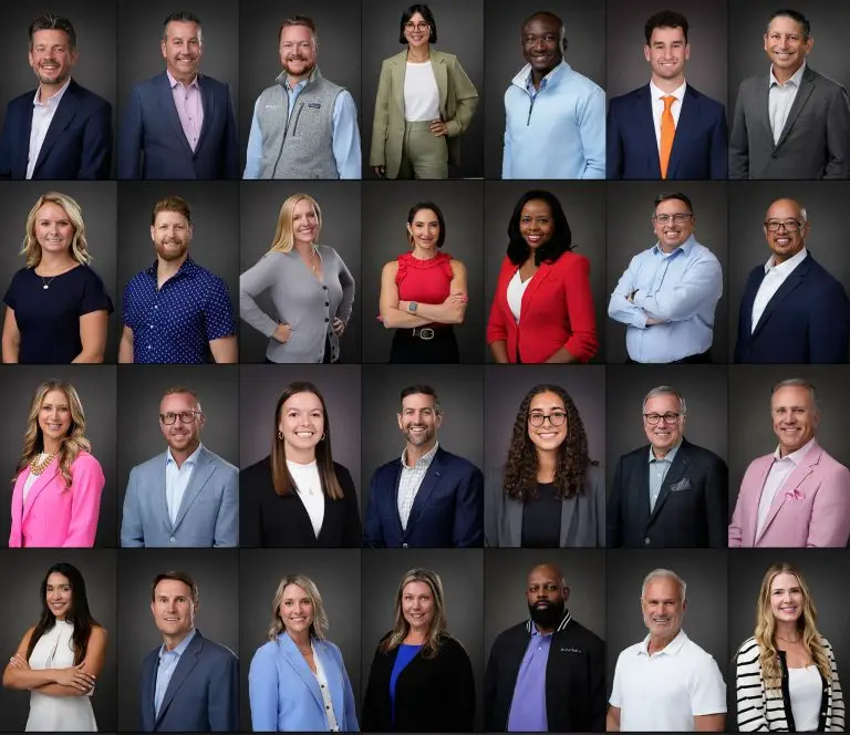 Grid of professional headshots from a high-volume corporate event, showing a diverse group against a gray backdrop