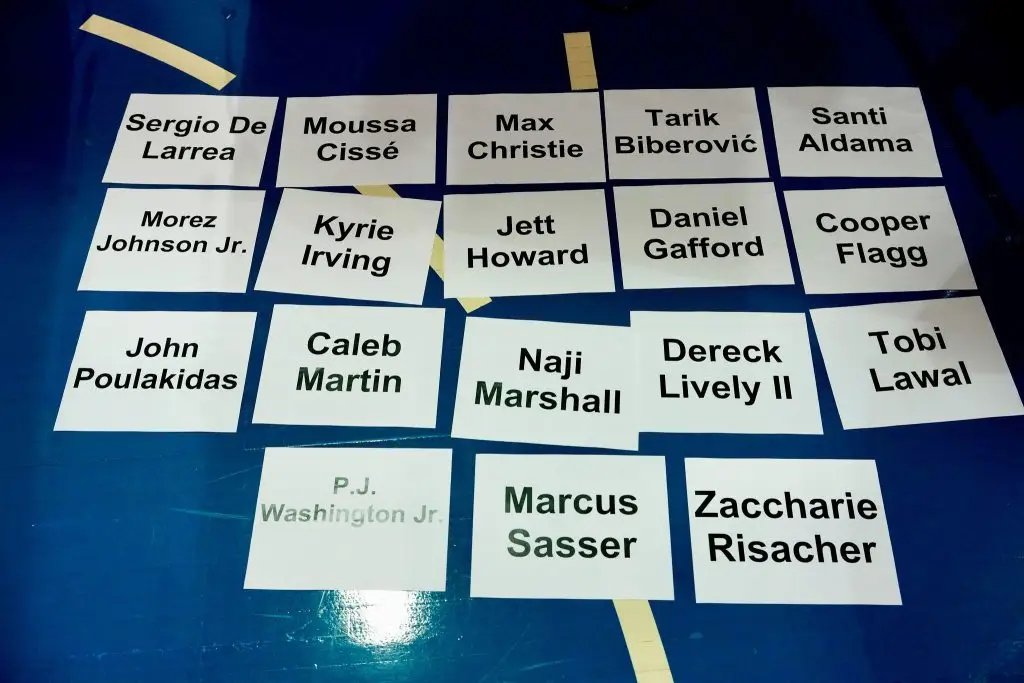Printed player name cards arranged in rows and taped to a blue court floor before a team headshot session