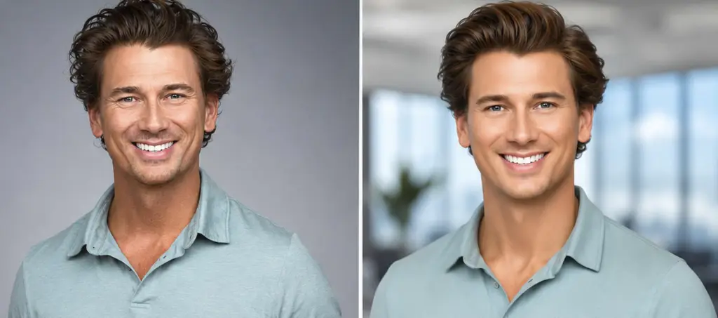 Side-by-side comparison of a natural studio-style professional headshot and an AI-style business headshot with a blurred office background.
