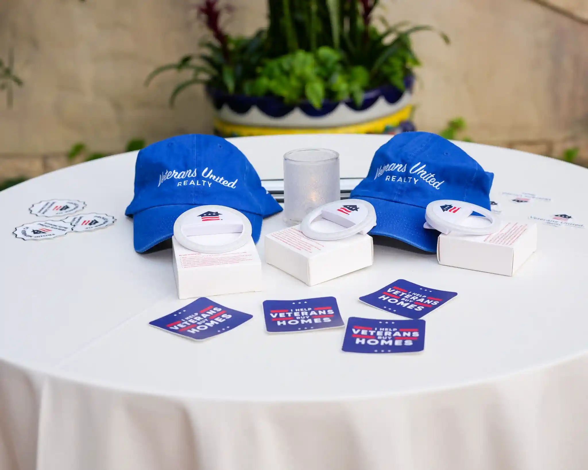 Veterans United Realty branded caps and merchandise at the annual reception.